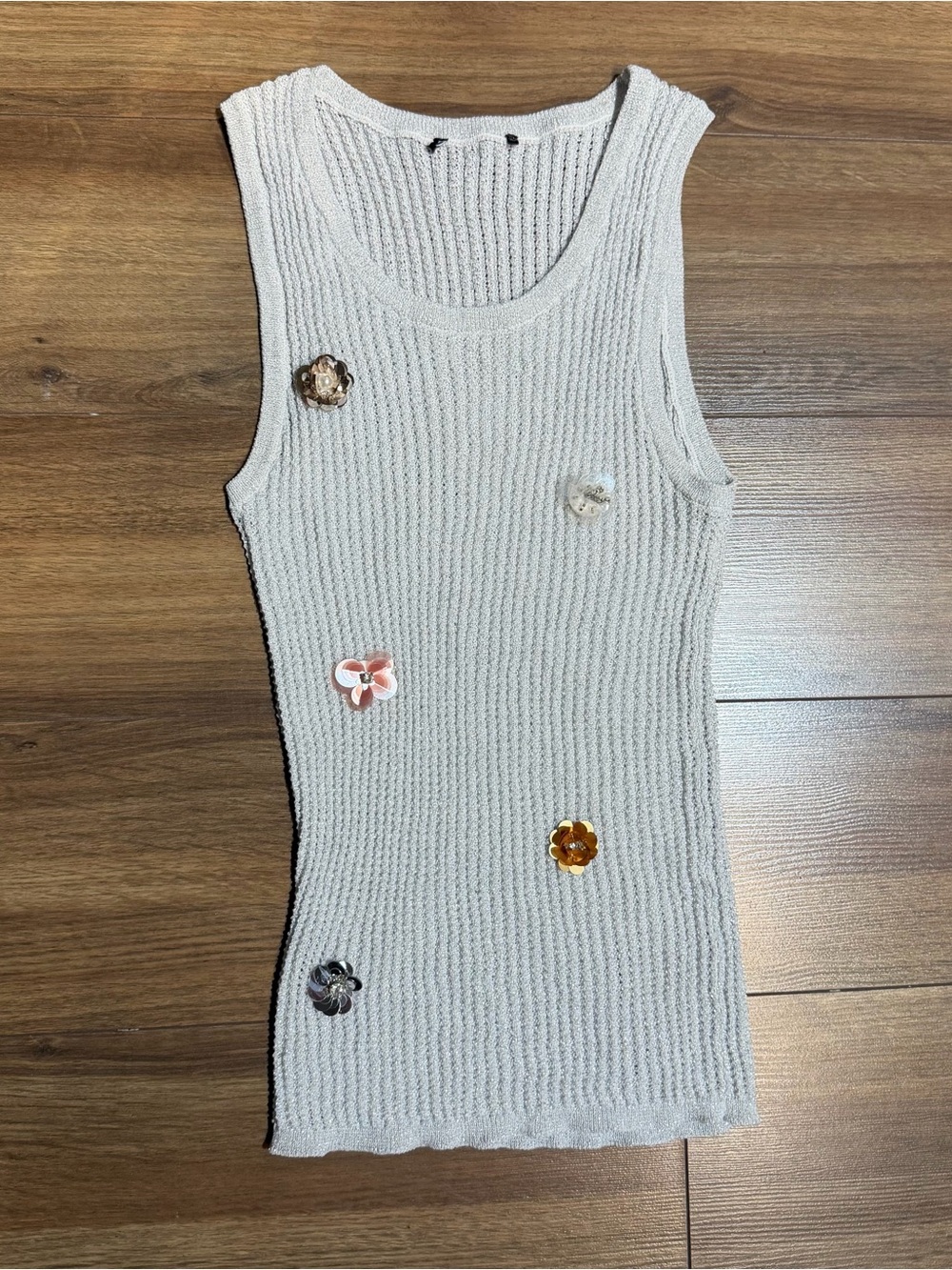Zara Premium Ribbed Sleeveless Tank with Floral Sequin Accents